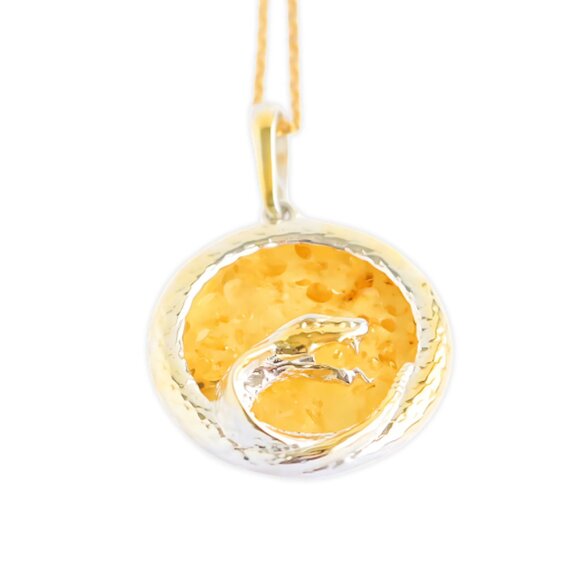 Baltic Amber Cobra Pendant Necklace 14k gold plated s925 - Picture 1 of 4